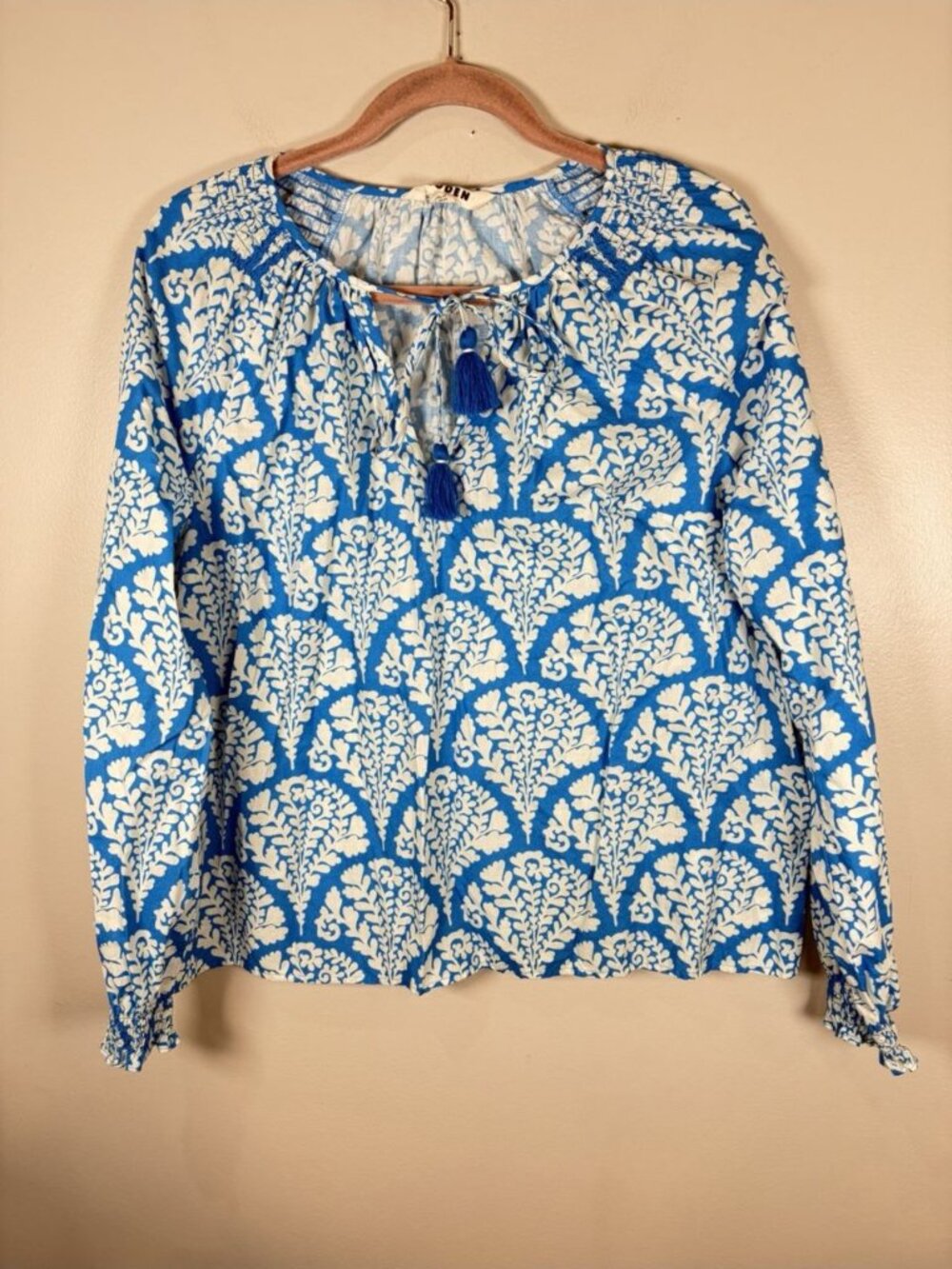 Boden Easy Cotton Blouse Size 14 Blue White Motif Decorative Preppy